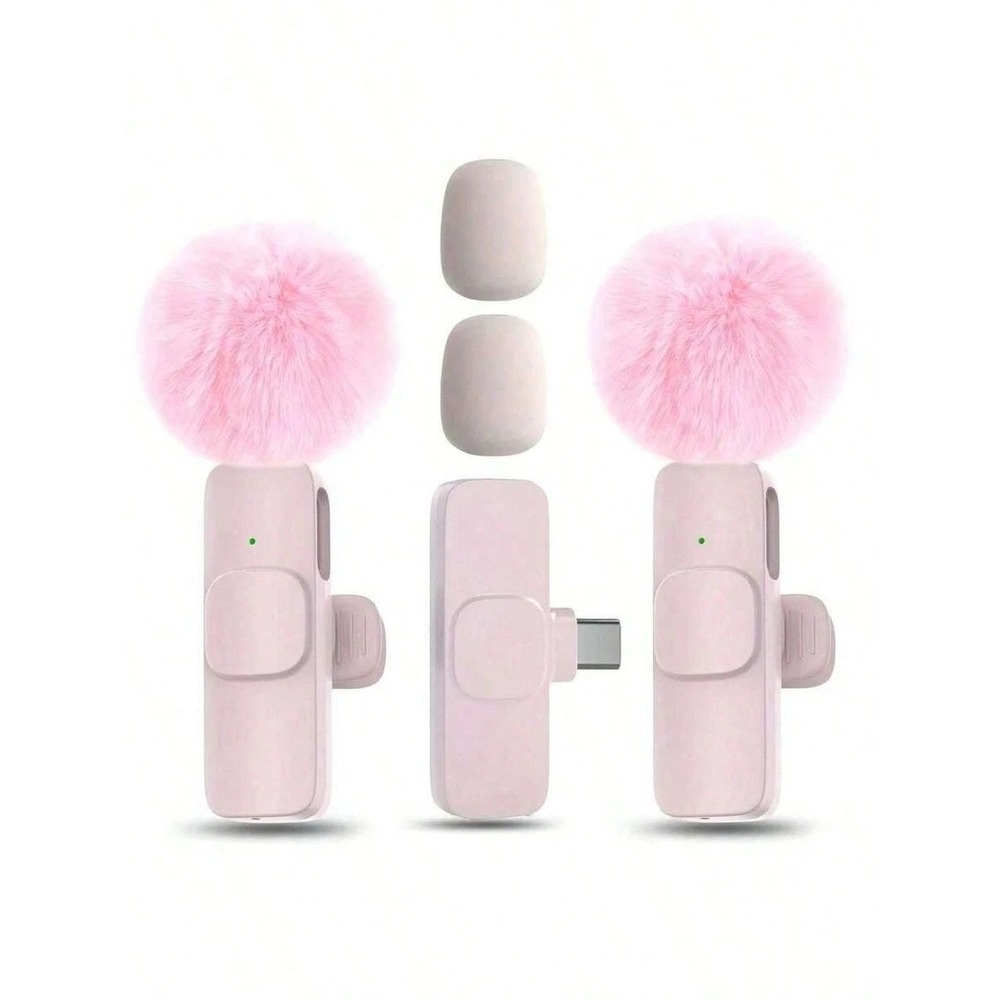 New Pink Wireless Lavalier Microphone Set USB C Noise Cancelling Fluffy Mic